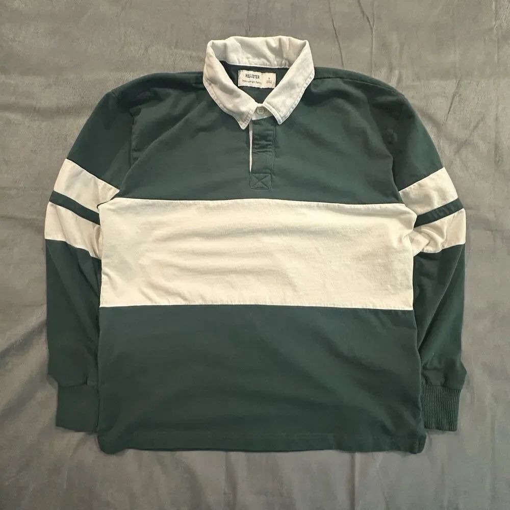 Hollister Rugby Shirt Mens Small Heavyweight Long Sleeve Colorblock Green Stripe